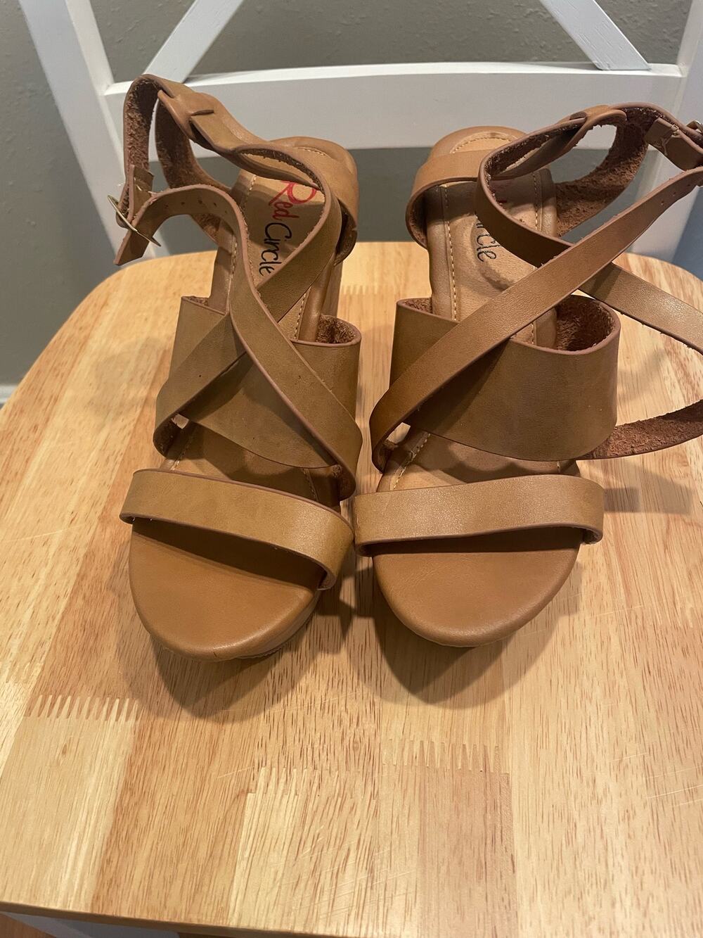 Pre-Owned Red Circle Women's Tan Leather Wedge Heels, Size 8.5, $15, B51